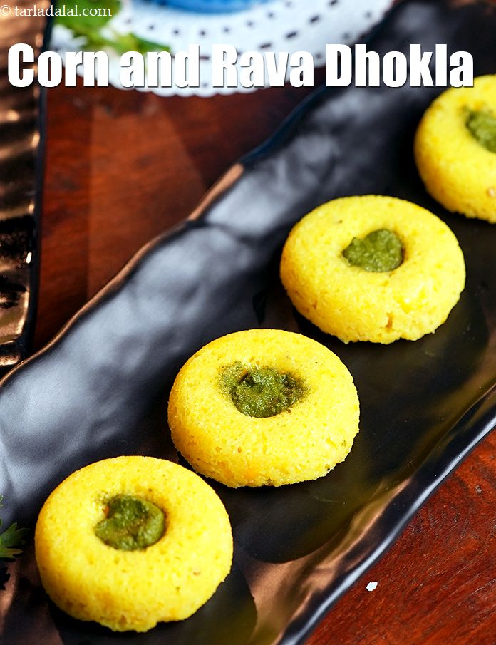 Corn and Rava Dhokla Stuffed with Green Chutney