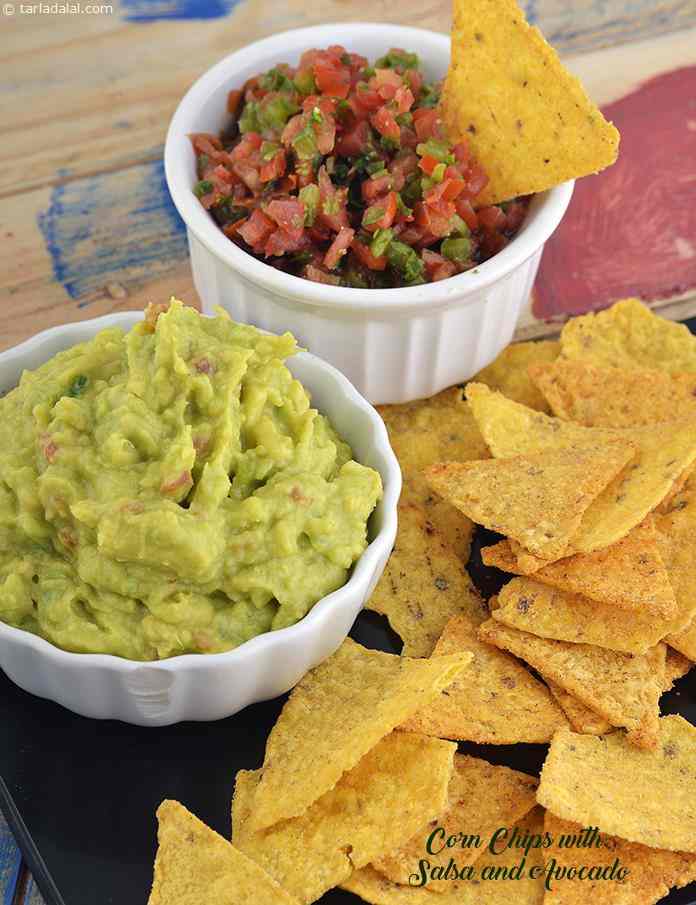 Corn Chips with Salsa and Avocado Dip, Jain Salsa recipe