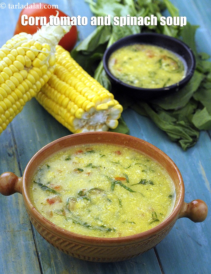 corn tomato and spinach soup recipe | Indian creamy corn tomato and spinach stew |