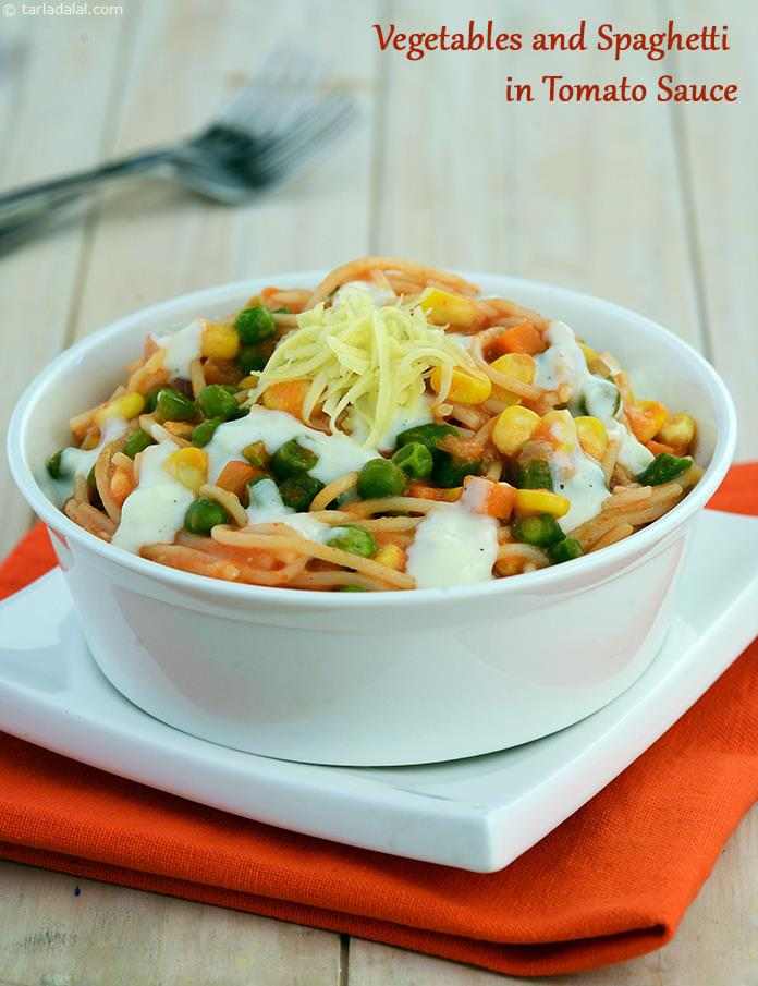Vegetables and Spaghetti in Tomato Sauce recipe, Indian Vegetarian Recipes
