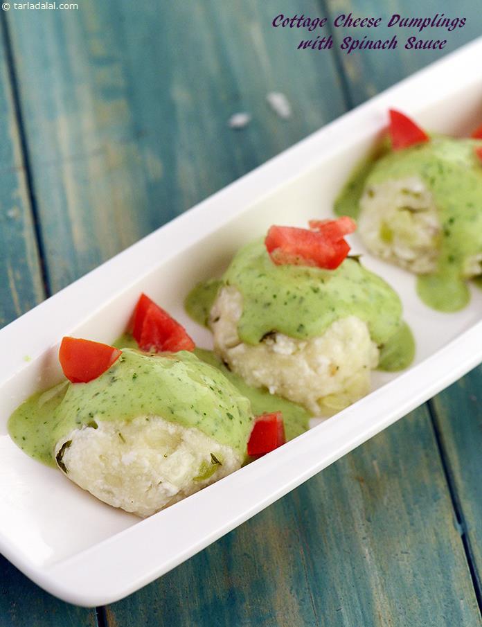Cottage Cheese Dumplings with Spinach Sauce recipe, Healthy Recipes