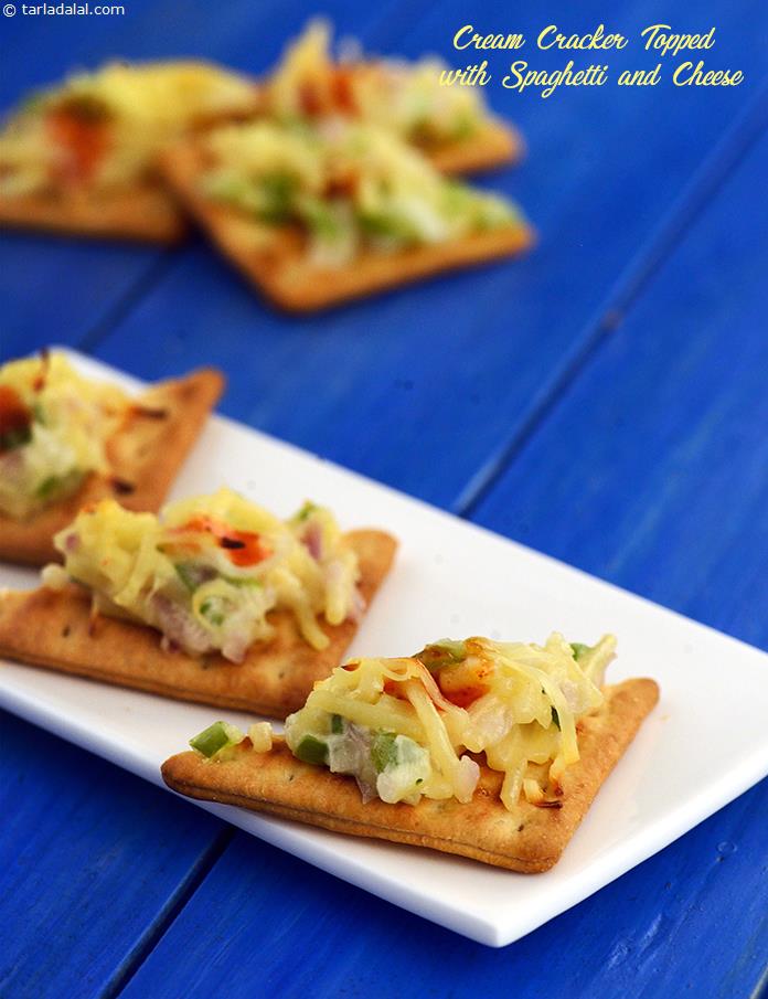 Cream Cracker Topped with Spaghetti and Cheese recipe, Indian Vegetarian Recipes