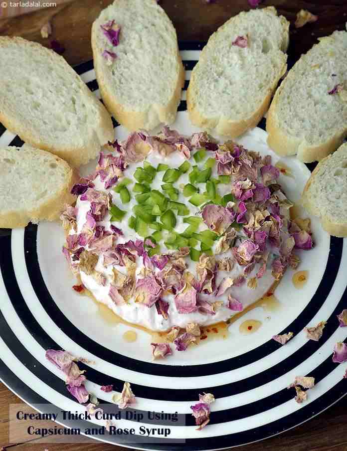 Creamy Thick Curd Dip Using Capsicum and Rose Syrup recipe