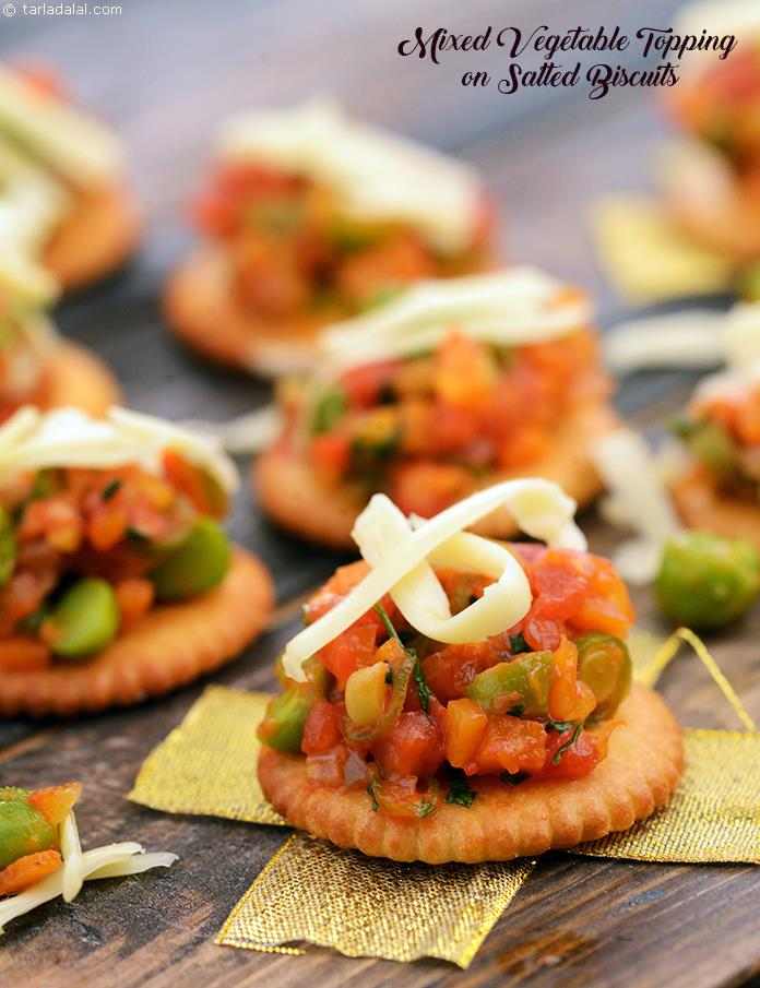 Mixed Vegetable Topping On Salted Biscuits recipe, Vegetarian Recipes