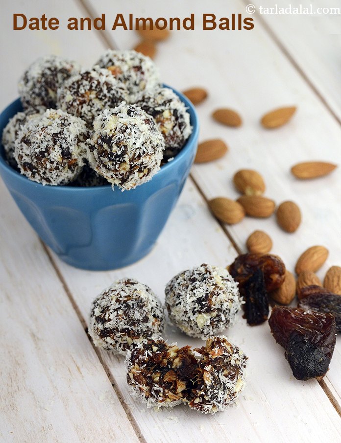 date and almond balls recipe | almond date balls healthy Indian dessert |