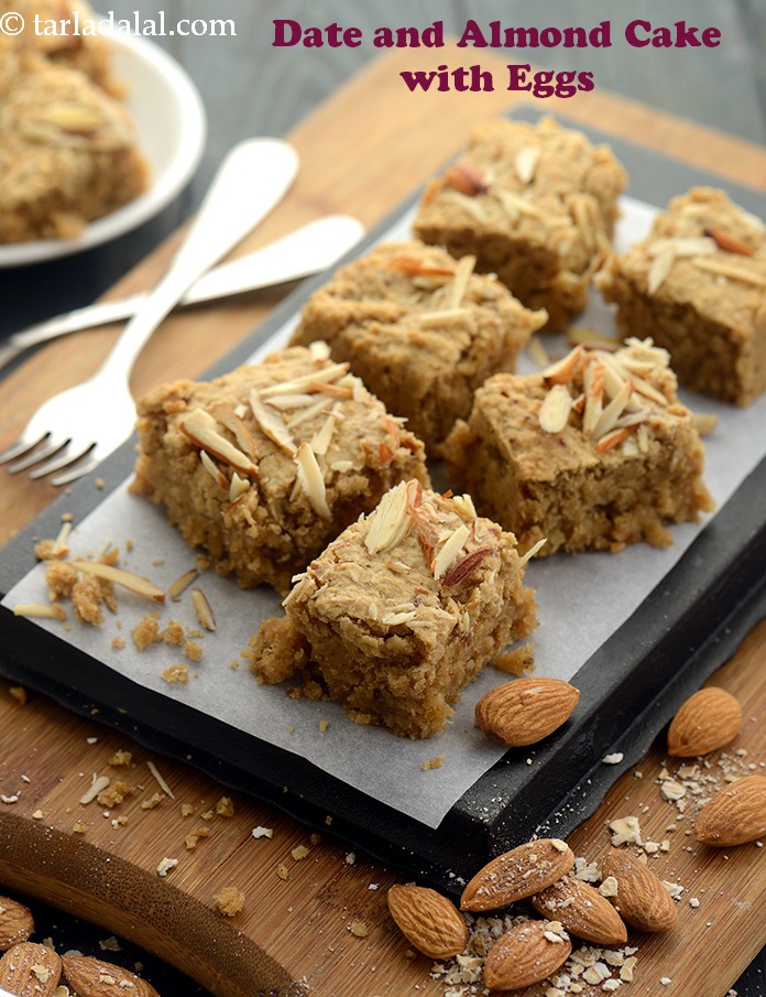 date and almond cake with eggs | healthy Indian date almond oats cake |