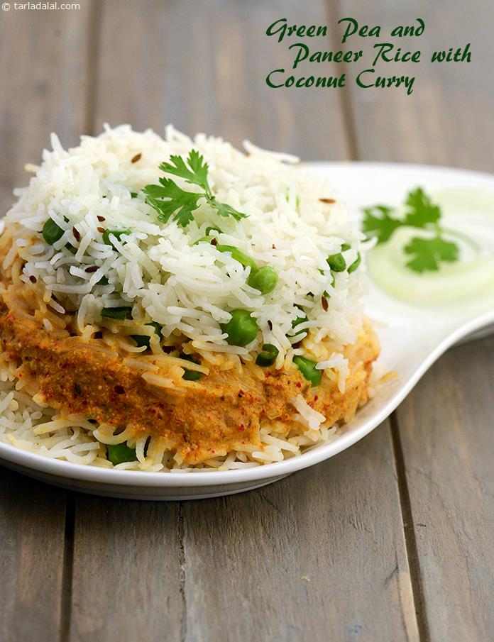 Green Pea and Paneer Rice with Coconut Curry recipe, Indian Vegetarian Recipes
