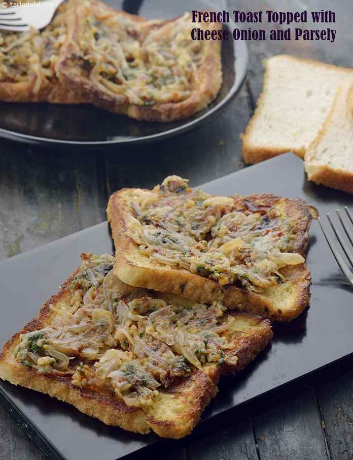 French Toast Topped with Cheese Onion and Parsley recipe