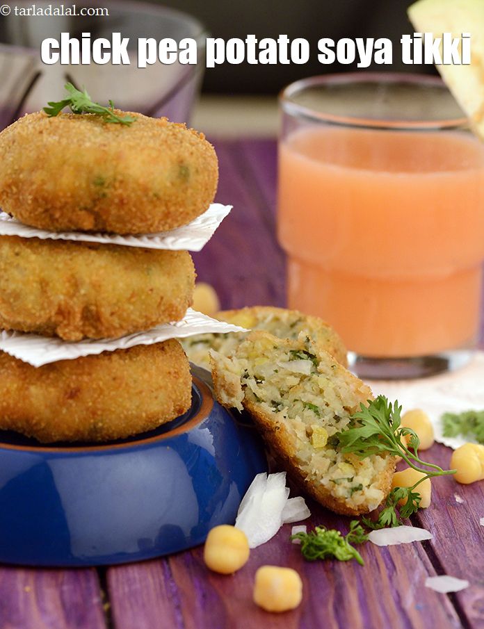 चिक पी एण्ड सोया टिक्की रेसिपी, Garlicky Chick Pea, Potato and Soya Tikki Recipe In Hindi
