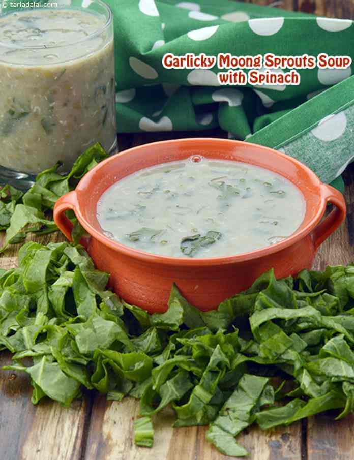 Garlicky Moong Sprouts Soup with Spinach recipe