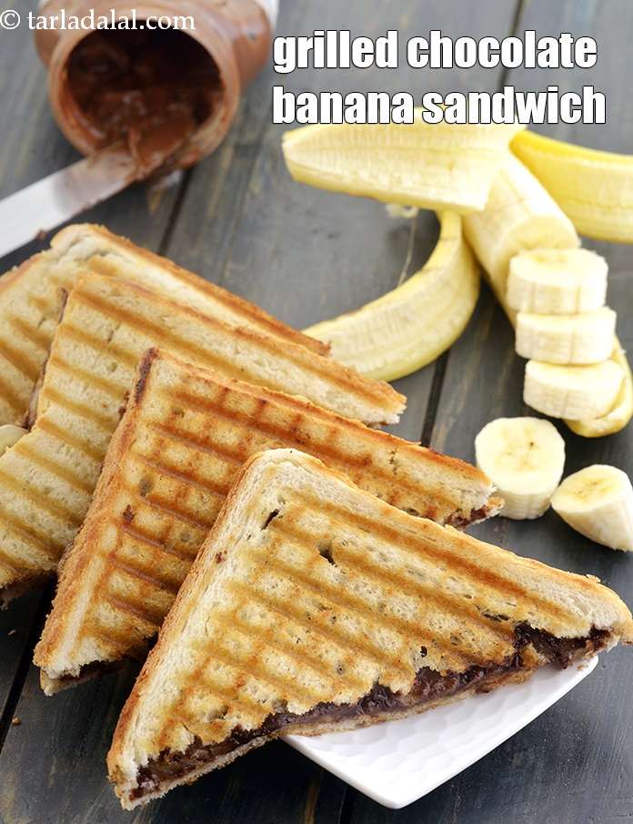 grilled chocolate banana sandwich recipe | easy breakfast recipe | grilled nutella banana sandwich |