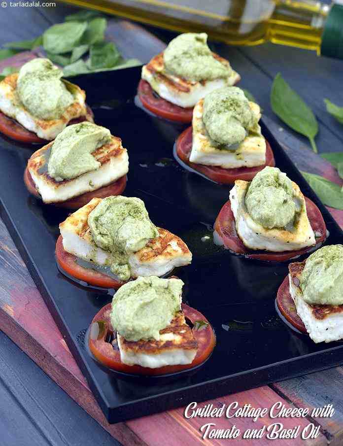 Grilled Cottage Cheese with Tomato and Basil Oil
