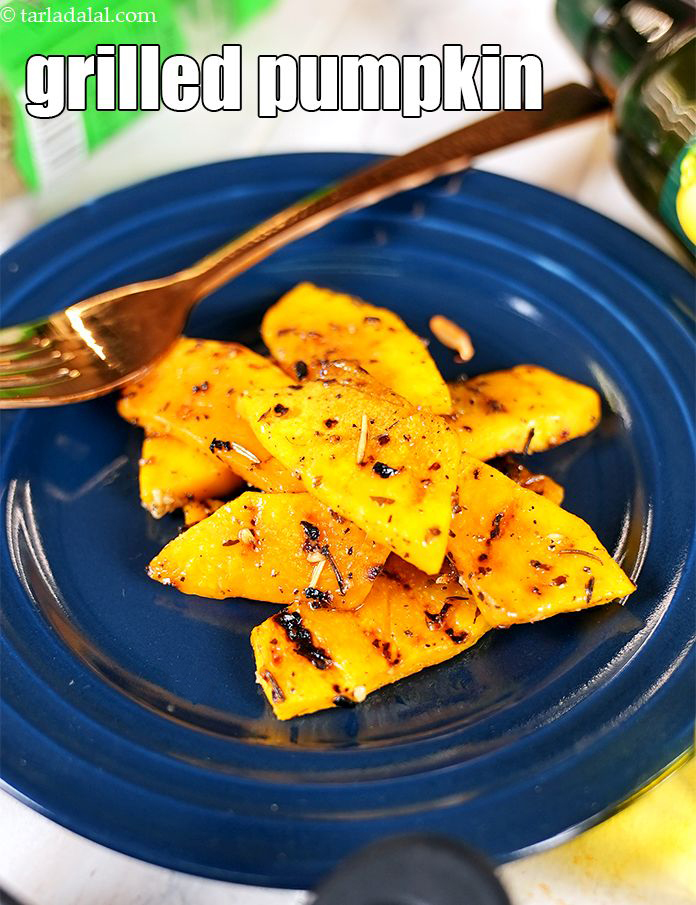 grilled pumpkin recipe | grilled Indian kaddu, bhopla | grilled pumpkin good for eyes, low in fat |