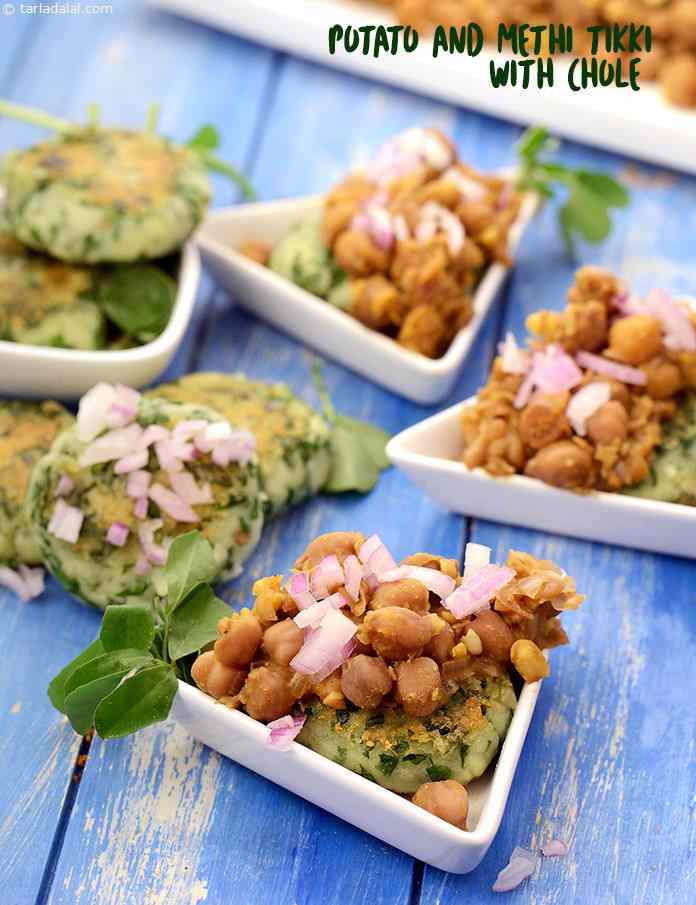 Potato and Methi Tikki with Chole recipe |  Aloo Methi Tikki Chole Chaat |  Chole Tikki Chaat |