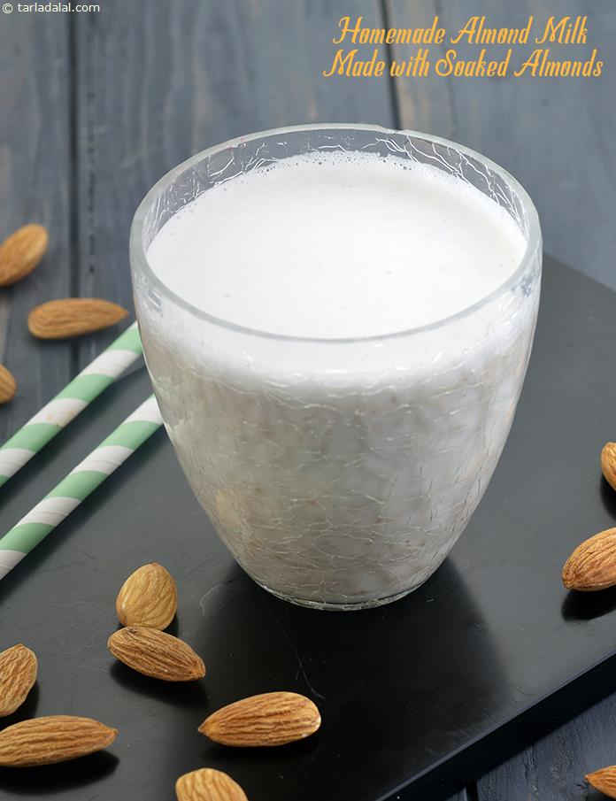 Indian style homemade almond milk | badam milk made using soaked almonds |