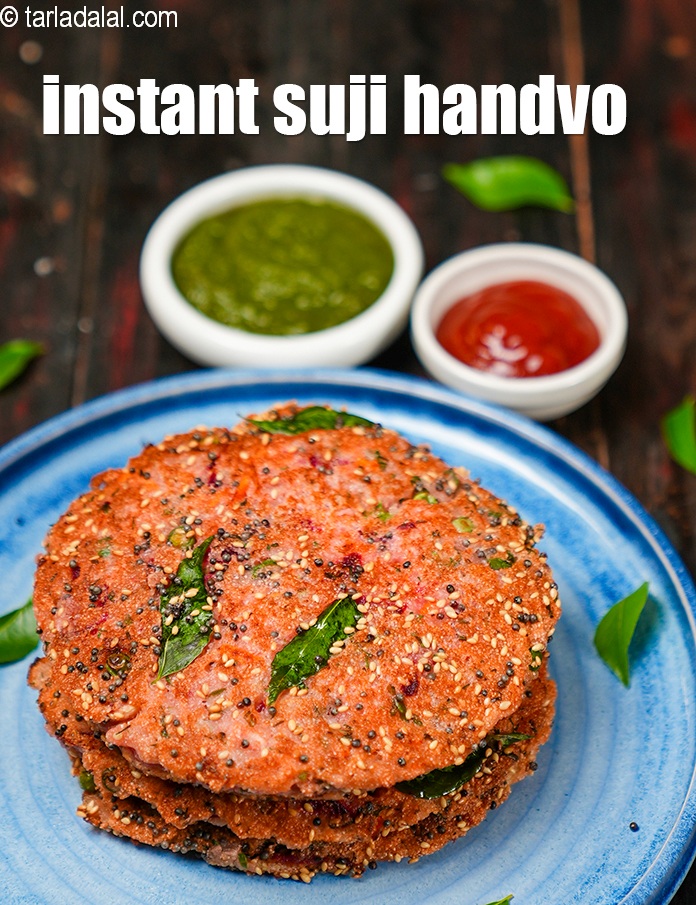 instant suji handvo recipe | vegetable rava handva in kadhai | crispy suji handva |