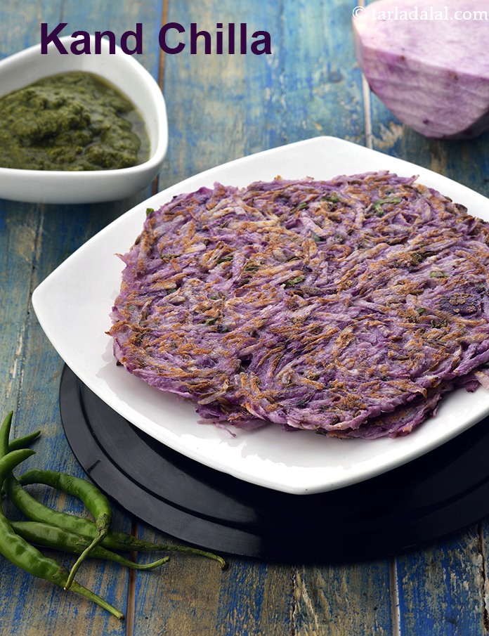 kand chilla recipe | purple yam chilla | Indian style kand pancake | breakfast recipe | fasting, upvas, vrat recipe |