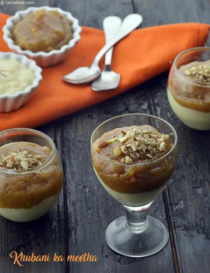 खुबानी का मीठा |  हैदराबादी खुबानी और कस्टर्ड डेसर्ट पकाने की रेसिपी | Khubani ka Meetha recipe In Hindi 