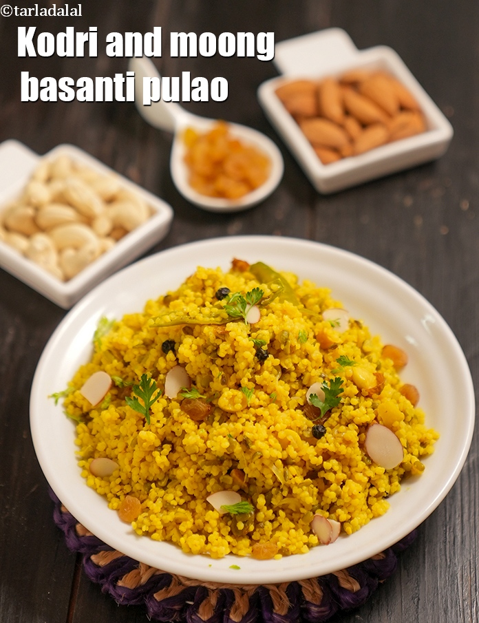 kodri and moong basanti pulao recipe | healthy basanti pulao | moong varagu basanti pulao |