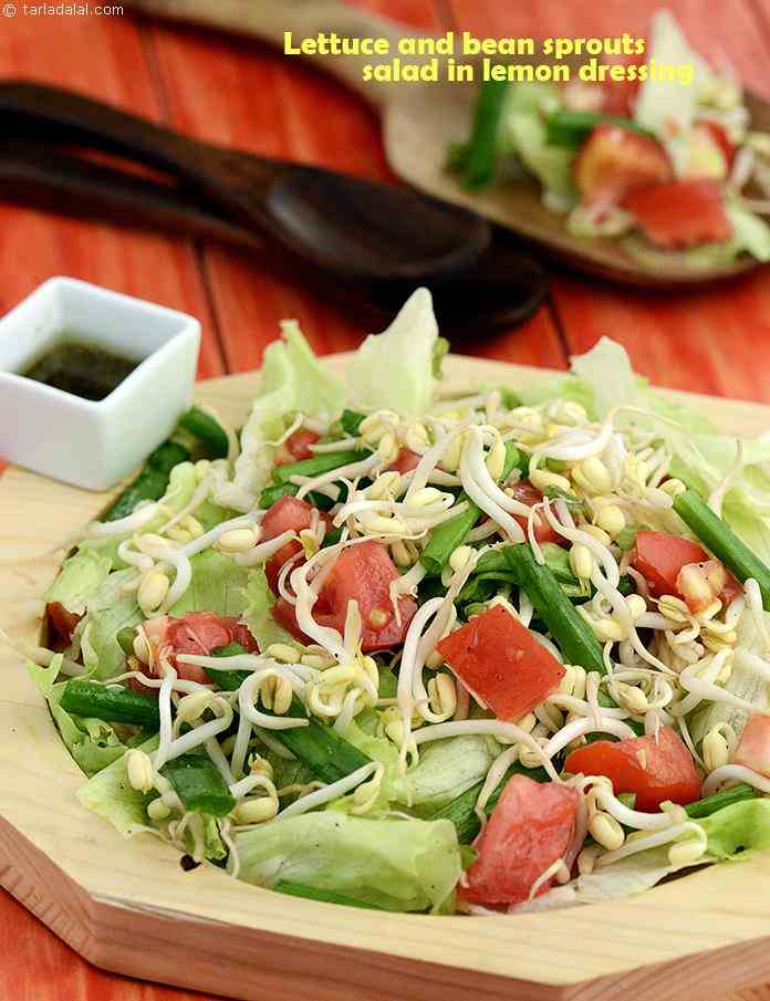 लैट्यूस एण्ड बीन स्प्राउट्स् सलाद इन लेमन ड्रेसिंग रेसिपी, Lettuce and Bean Sprouts Salad in Lemon Dressing Recipe In Hindi
