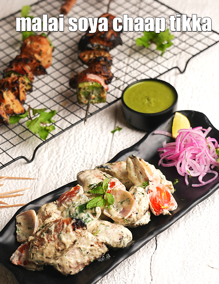malai soya chaap tikka recipe | soya chaap tikka | veg malai soya chaap tikka | tandoori soya chaap |