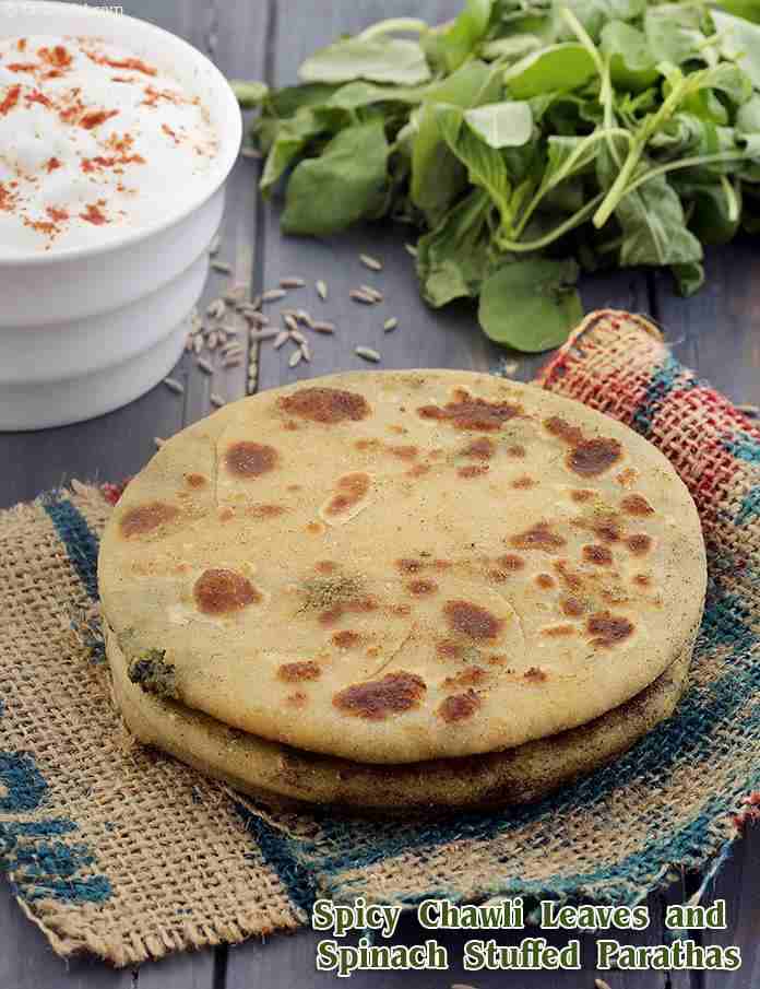 मसालेदार चवली के पत्ते और पालक के पराठे की रेसिपी , Spicy Chawli Leaves and Spinach Stuffed Parathas Recipe In Hindi 