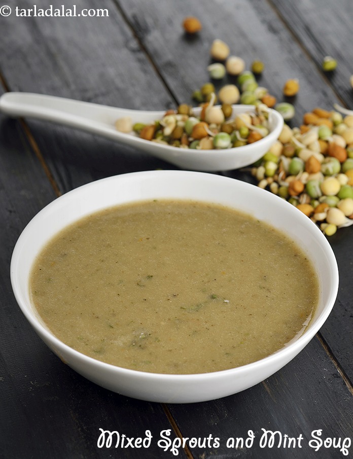 mixed sprouts and mint soup recipe | sprouted bean soup | vegetable sprouts soup for weight loss | sprouted bean and mint soup for acidity |