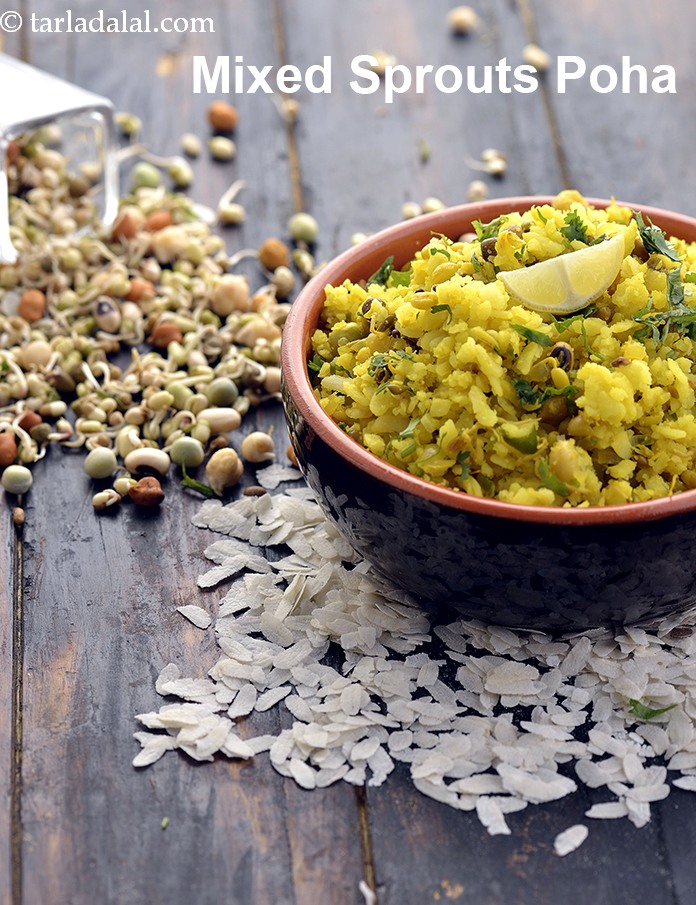 Mixed Sprouts Poha recipe, Healthy Mixed Sprouts Poha