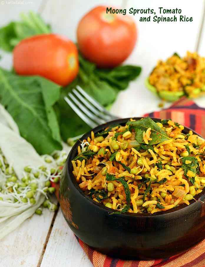 Moong Sprouts, Tomato and Spinach Rice recipe, Tarla Dalal