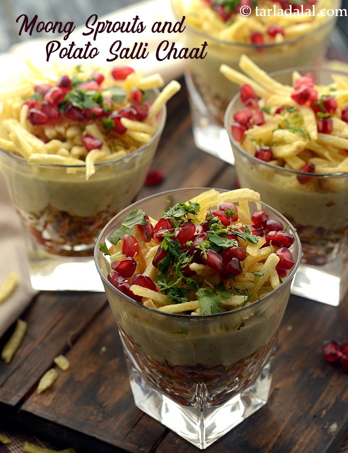 moong sprouts and potato salli chaat | potato moong sprouts chaat | dahi moong sprouts chaat |