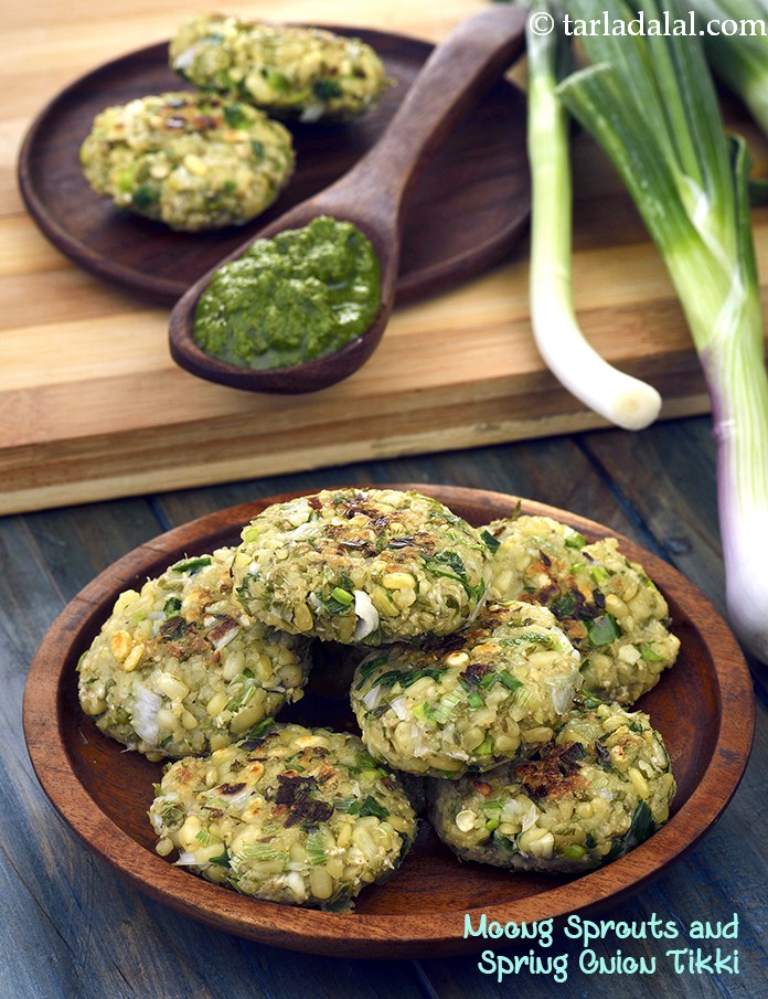 moong sprouts and spring onion tikki recipe | diabetic friendly moong sprouts cutlet |