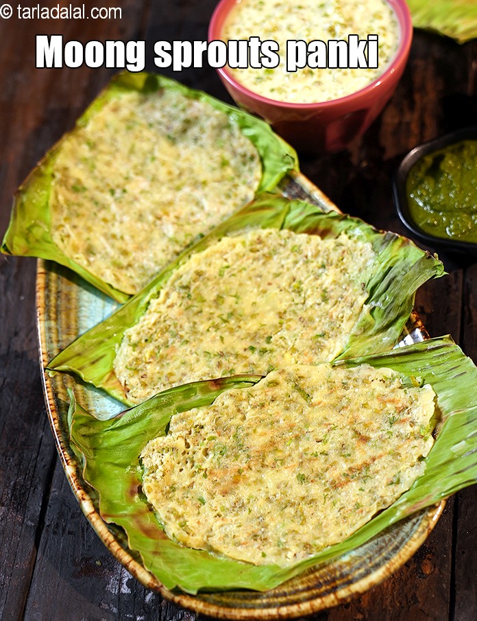 moong sprouts panki recipe | sprouts, oats and besan panki | healthy zero oil panki | pregnancy friendly |