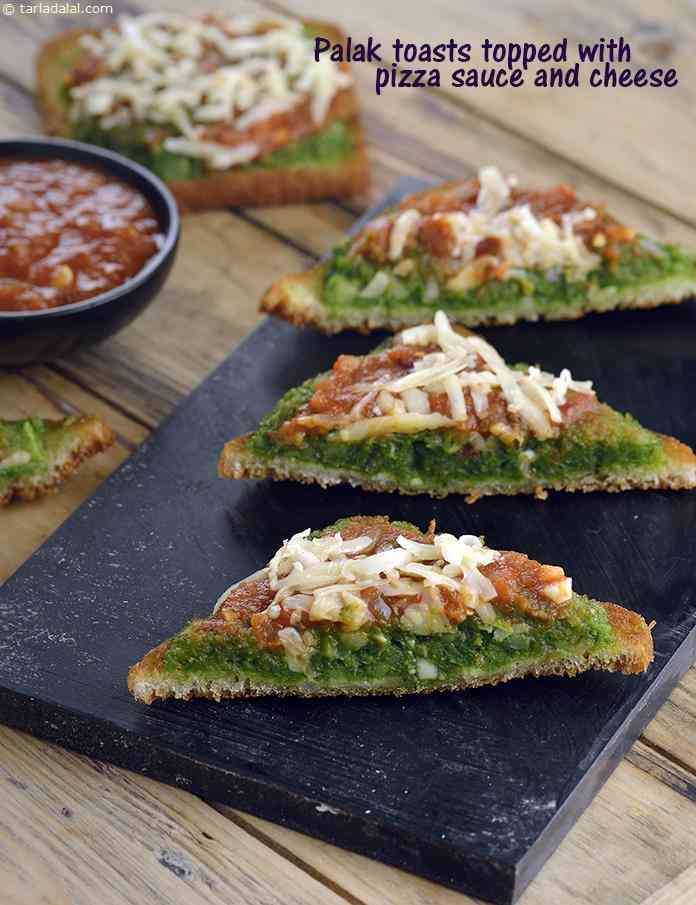 Palak Toast Topped with Pizza Sauce and Cheese recipe