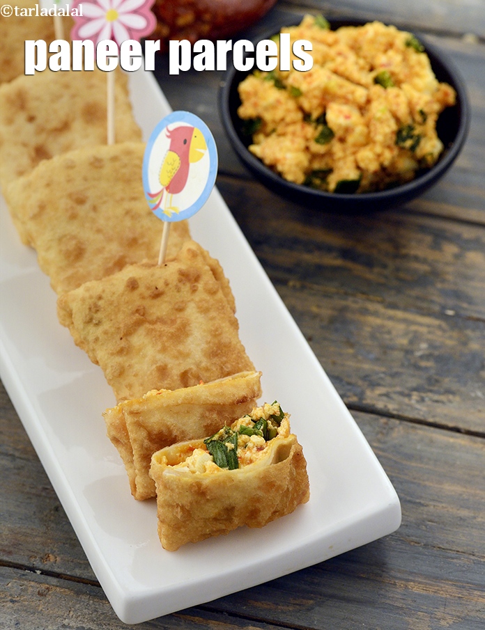 paneer parcels recipe | paneer parcel deep fried starter | deep fried paneer pastry |