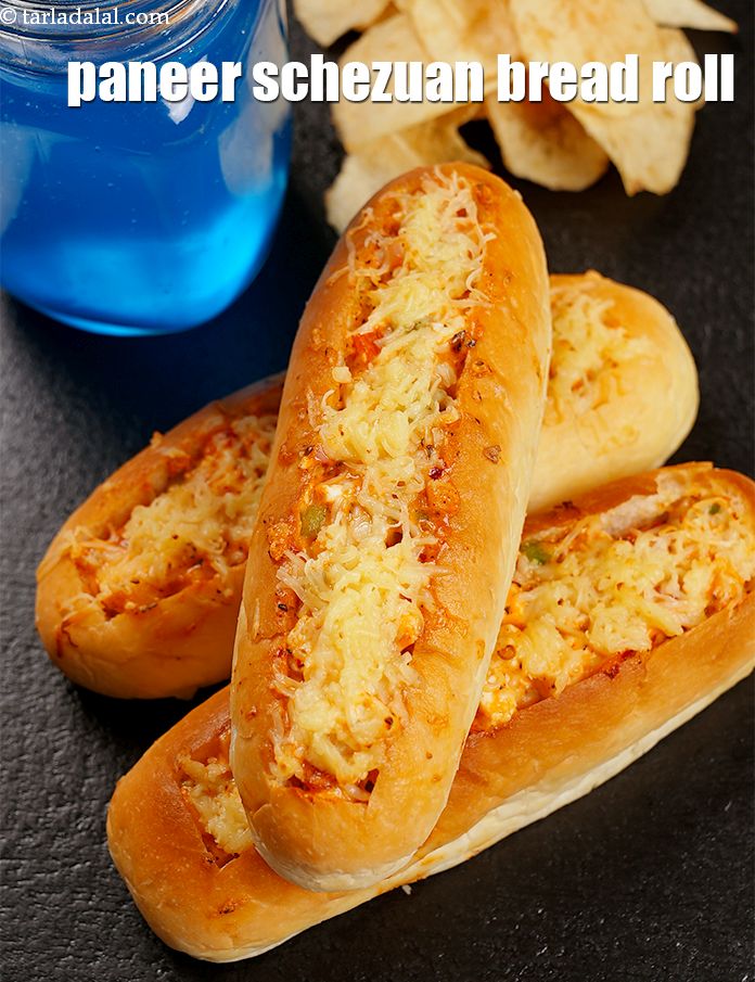 paneer schezuan bread roll recipe | stuffed schezuan paneer roll + video |