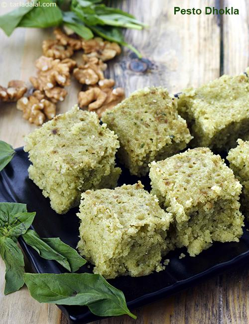 Pesto Dhokla, Basil and Walnut Rava Dhokla recipe
