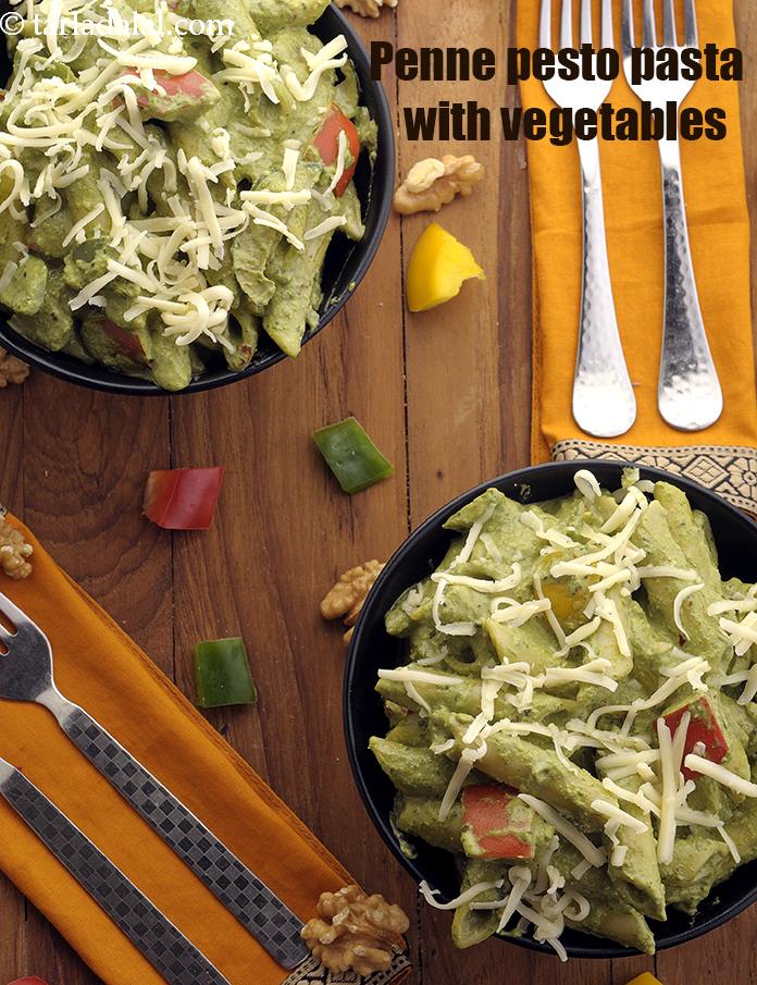 Penne pesto pasta with vegetables recipe |Indian styled Penne in pesto sauce| Jain |