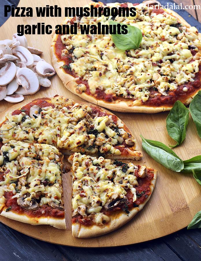 pizza with mushrooms garlic and walnuts recipe | mushroom garlic and basil pizza |