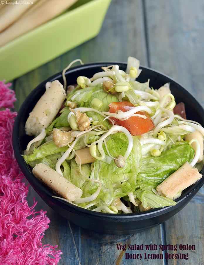 Veg Salad with Spring Onion Honey Lemon Dressing recipe, Gourmet Recipes