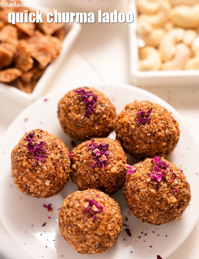 quick churma ladoo recipe | instant cashew jaggery ladoo made with roti | dry fruit churma ladoo |