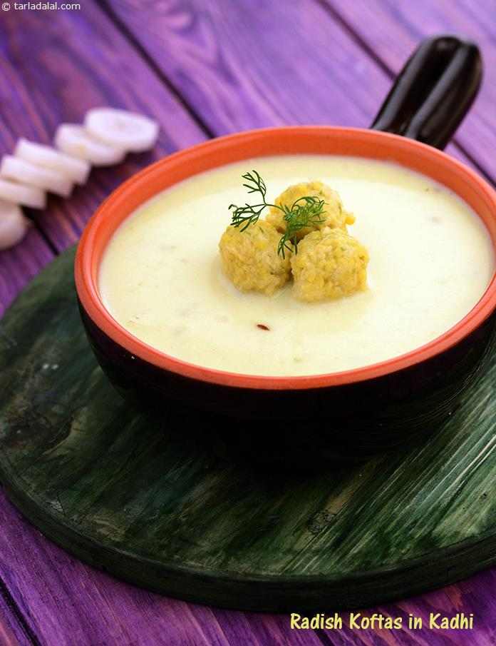 Radish Koftas in Kadhi recipe, Indian Low Fat Recipes