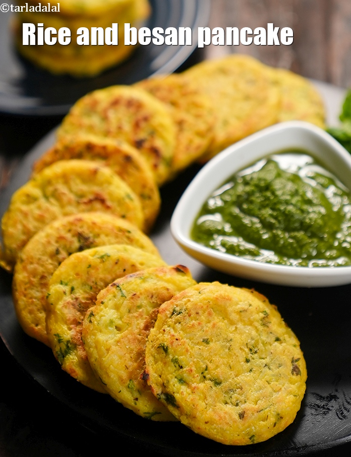 rice and besan pancake recipe | besan rice mini uttapam | besan chawal na pudla | besan bhaat na pudla |