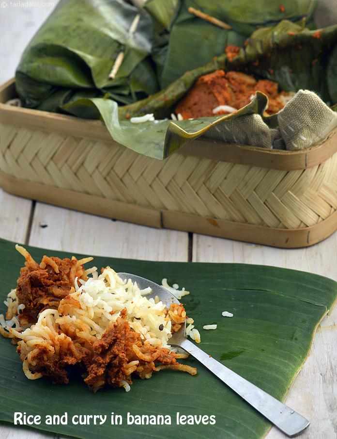 Rice and Curry in Banana Leaves, Banana Leaf Rice recipe, Jain Recipes