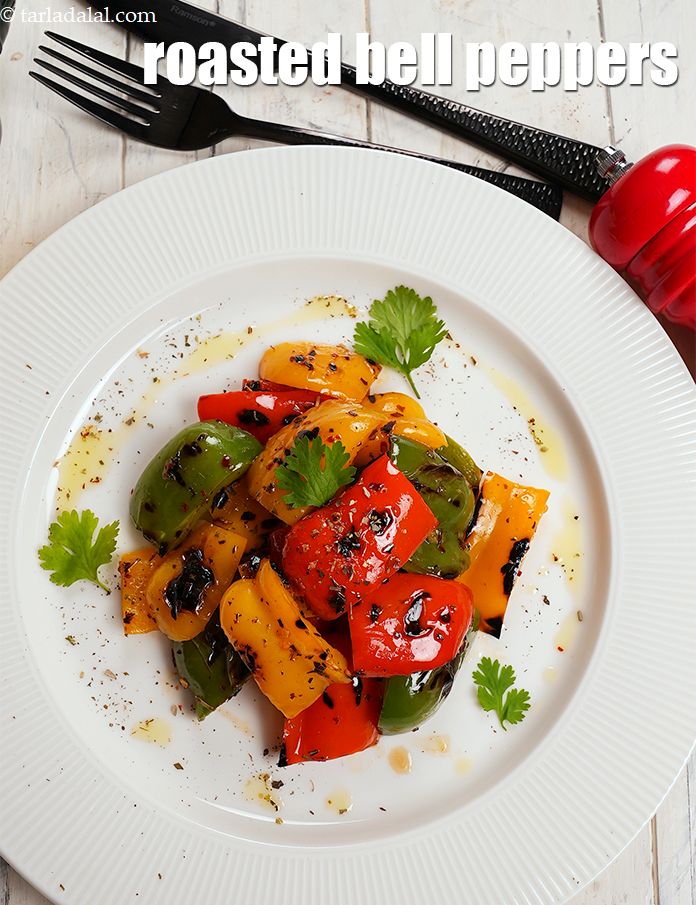 roasted bell peppers recipe | roasted Indian coloured capsicum | grilled coloured capsicum in olive oil and herbs |