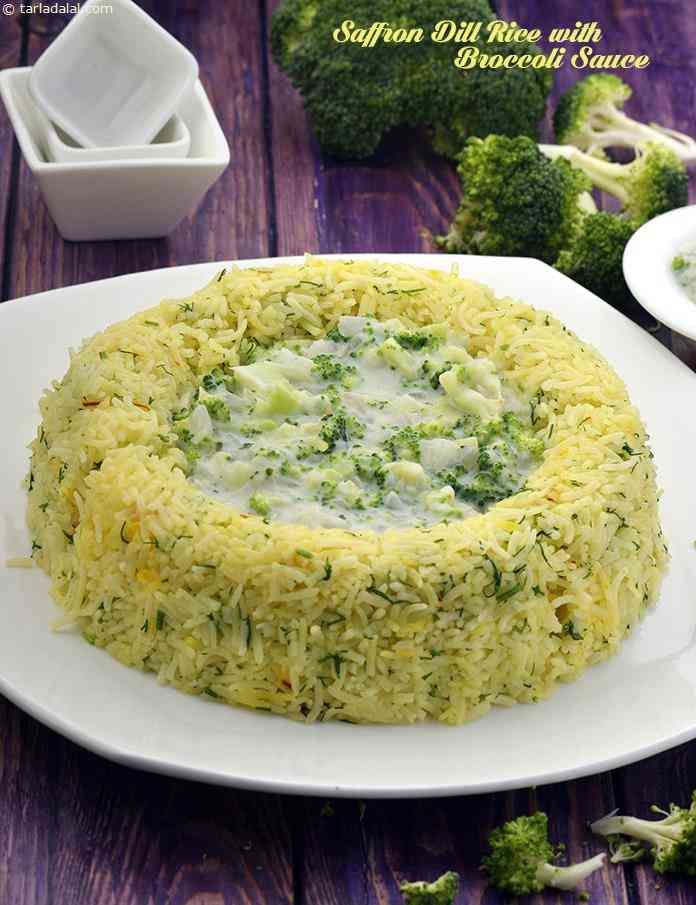 Saffron Dill Rice with Broccoli Sauce, Kesar Suva Rice with Broccoli Sauce recipe