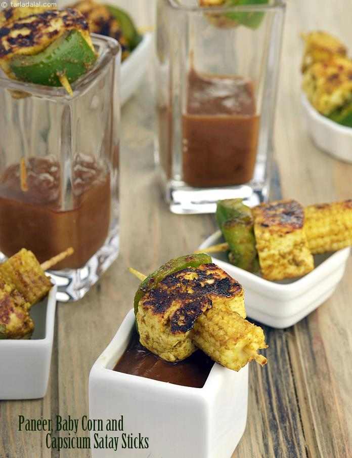 Paneer, Baby Corn and Capsicum Satay Sticks recipe, Corn Recipes