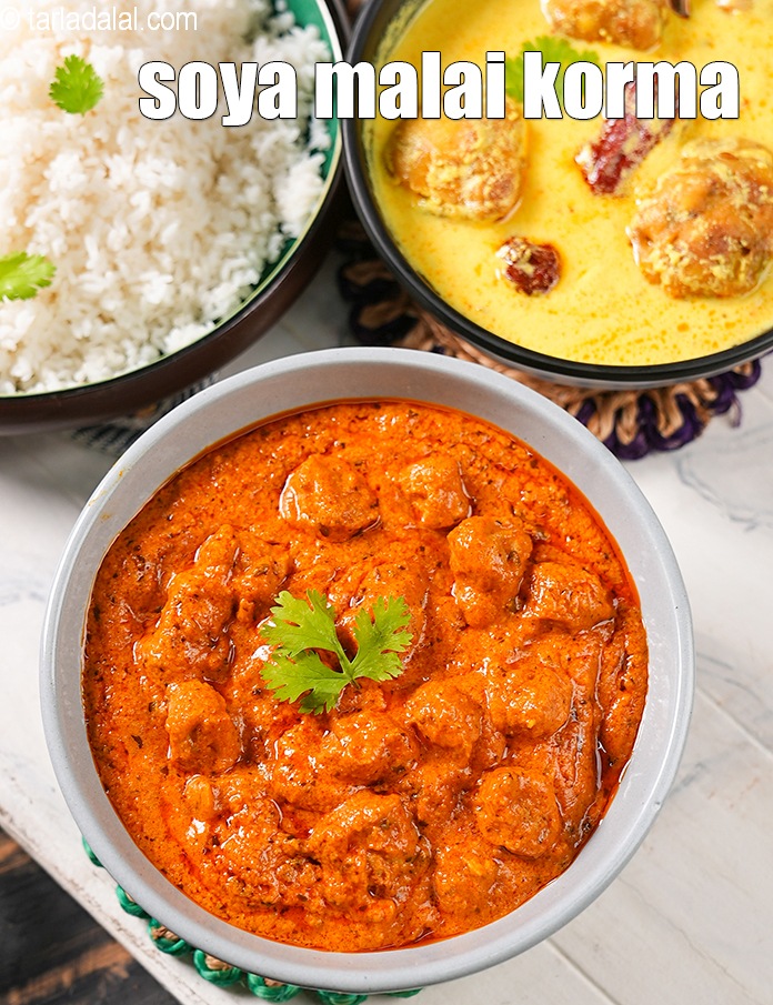 soya malai korma recipe | meal maker korma curry | veg soya chunks korma |