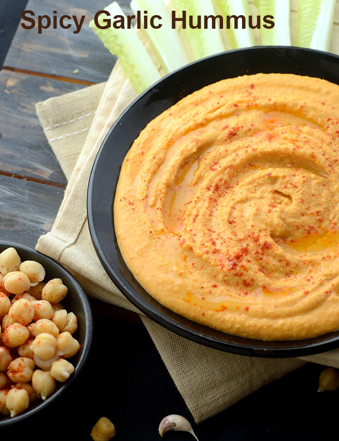 spicy garlic hummus recipe | spicy garlic hummus without tahini | Indian style spicy garlic hummus | healthy garlic hummus |