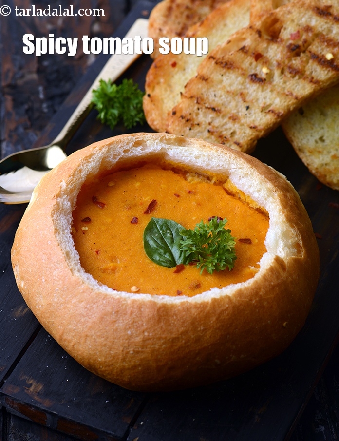spicy tomato soup recipe | Indian creamy tomato soup | roasted garlic tomato soup |
