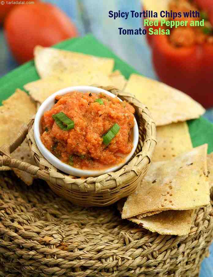 स्पाईसी टॉरटिया चिप्स् विद रेड पेपर एण्ड टमॅटो सालसा रेसिपी, Spicy Tortilla Chips with Red Pepper and Tomato Salsa Recipe In Hindi